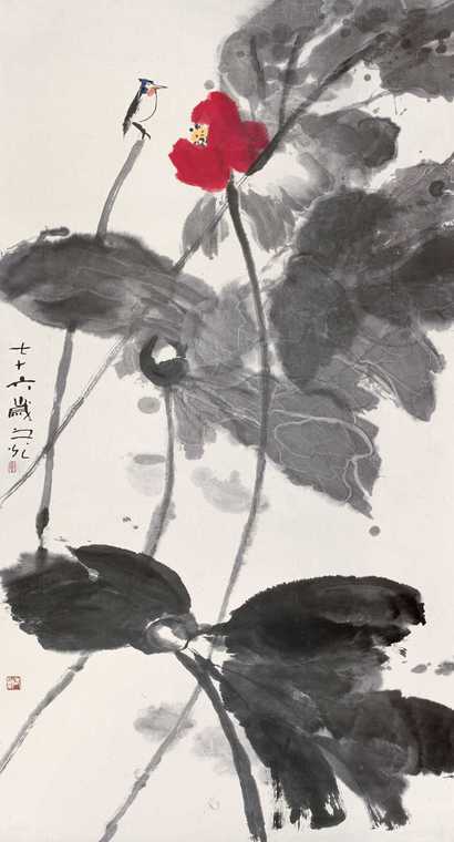 谢之光 荷花小鸟 立轴